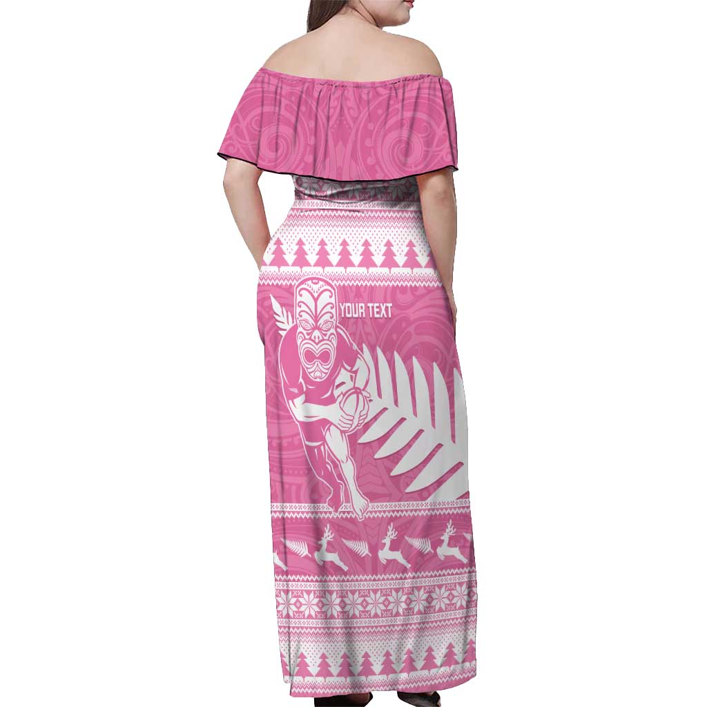 New Zealand Christmas Rugby Personalised Off Shoulder Maxi Dress Meri Kirihimete All Black Maori Pink Version - Polynesian Pride