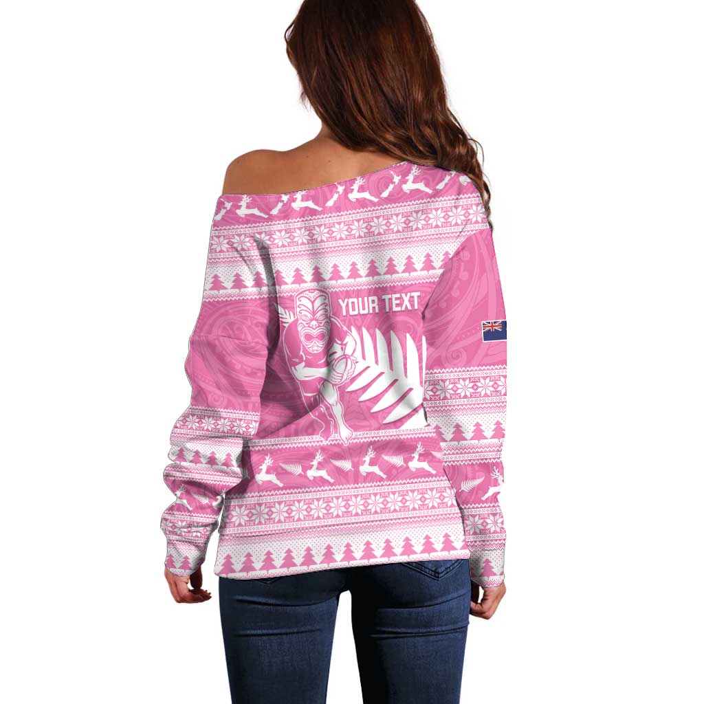 New Zealand Christmas Rugby Personalised Off Shoulder Sweater Meri Kirihimete All Black Maori Pink Version - Polynesian Pride