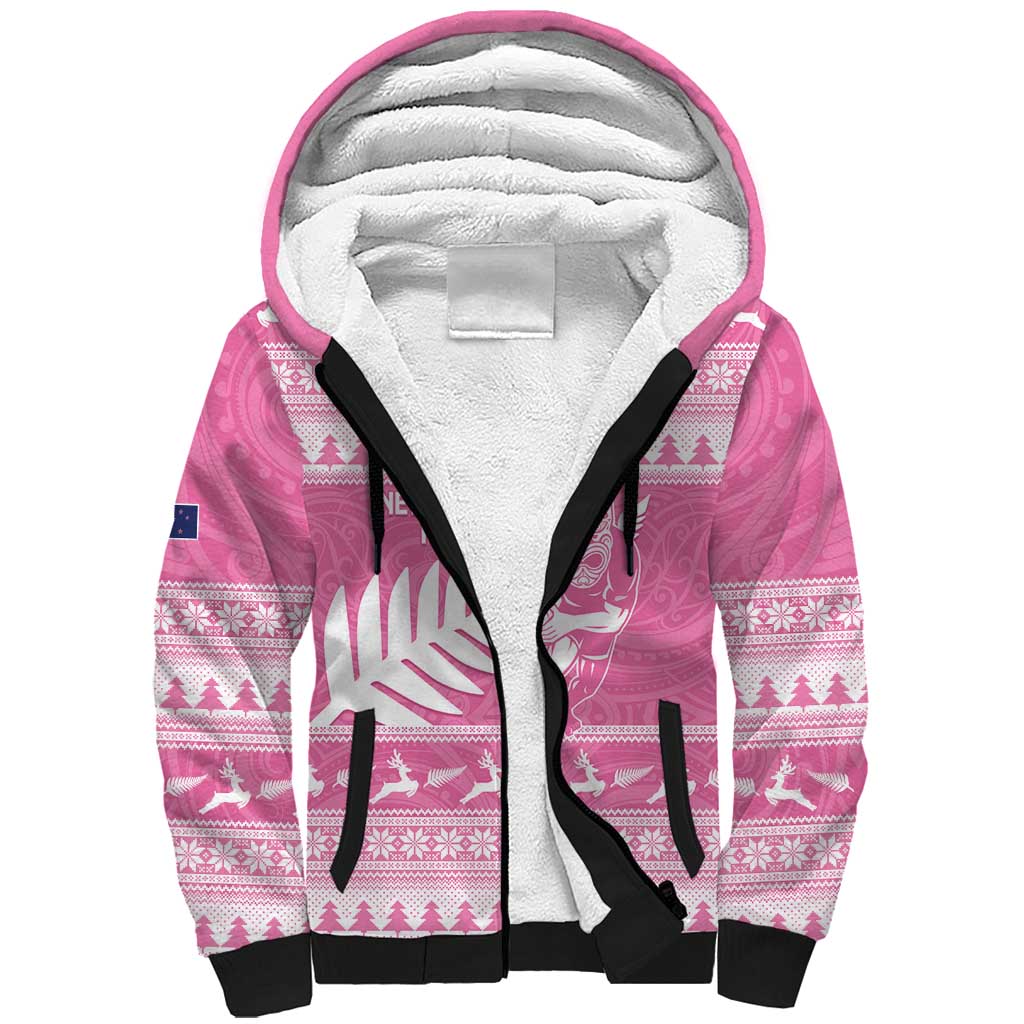 New Zealand Christmas Rugby Personalised Sherpa Hoodie Meri Kirihimete All Black Maori Pink Version LT14 Unisex Pink - Polynesian Pride