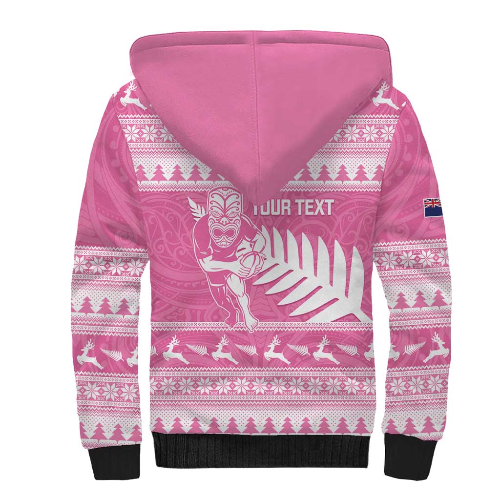 New Zealand Christmas Rugby Personalised Sherpa Hoodie Meri Kirihimete All Black Maori Pink Version LT14 - Polynesian Pride