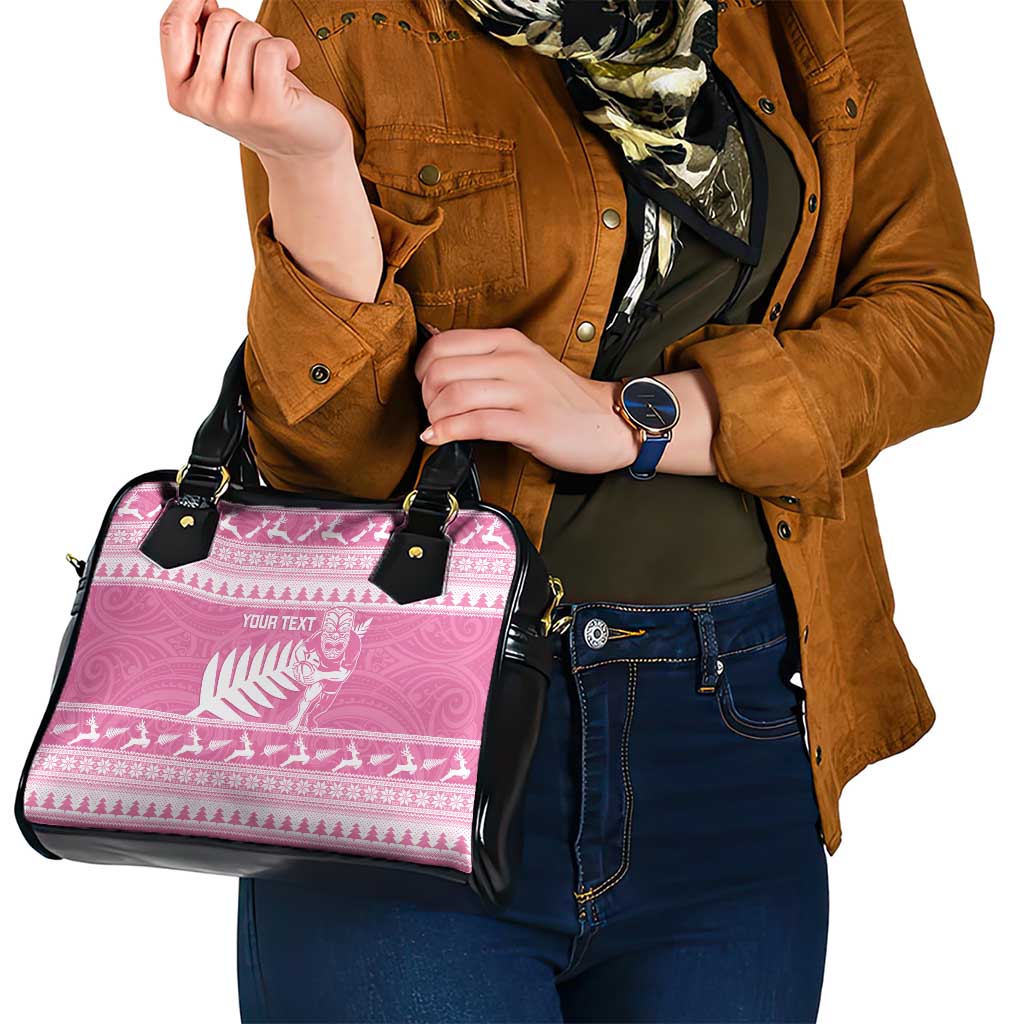 New Zealand Christmas Rugby Personalised Shoulder Handbag Meri Kirihimete All Black Maori Pink Version LT14 - Polynesian Pride