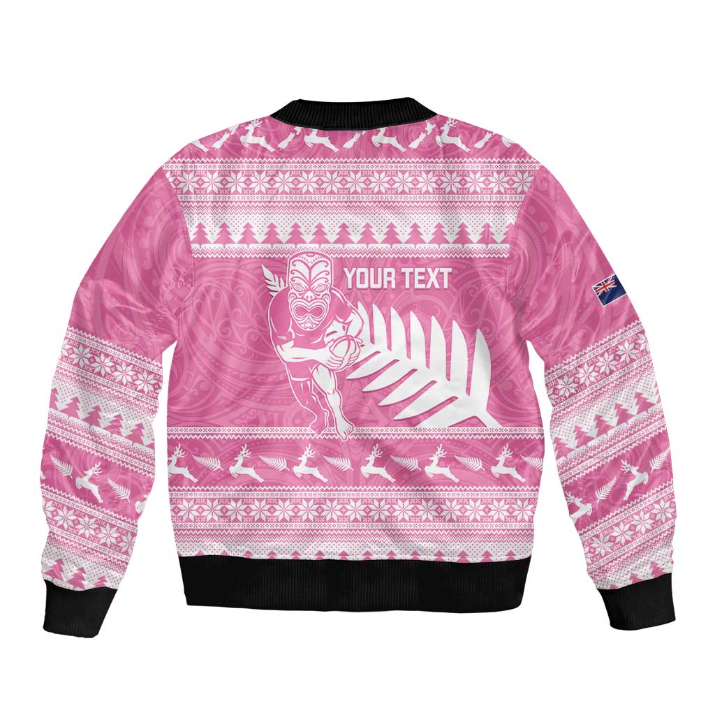 New Zealand Christmas Rugby Personalised Sleeve Zip Bomber Jacket Meri Kirihimete All Black Maori Pink Version LT14 - Polynesian Pride