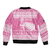 New Zealand Christmas Rugby Personalised Sleeve Zip Bomber Jacket Meri Kirihimete All Black Maori Pink Version LT14 - Polynesian Pride