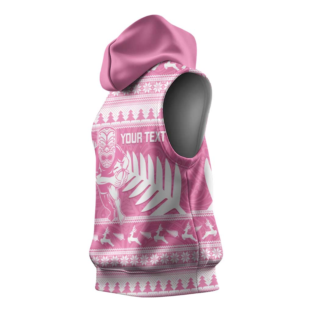 New Zealand Christmas Rugby Personalised Sleeveless Hoodie Meri Kirihimete All Black Maori Pink Version - Polynesian Pride