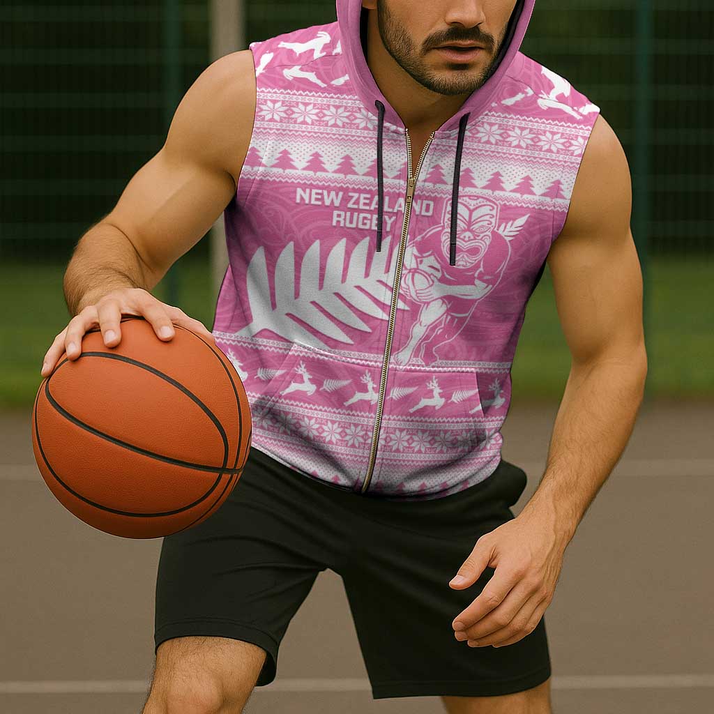 New Zealand Christmas Rugby Personalised Sleeveless Zip Hoodie Meri Kirihimete All Black Maori Pink Version - Polynesian Pride