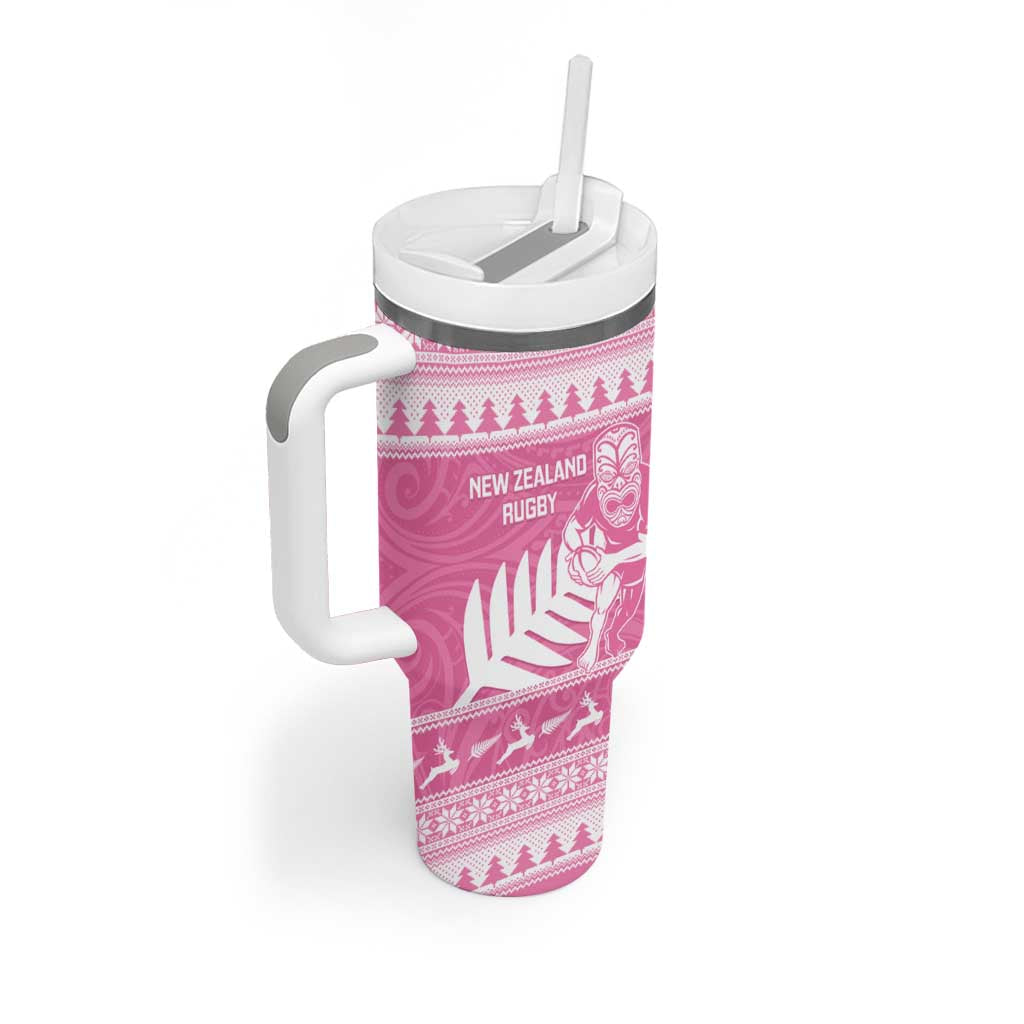 New Zealand Christmas Rugby Personalised Tumbler With Handle Meri Kirihimete All Black Maori Pink Version - Polynesian Pride