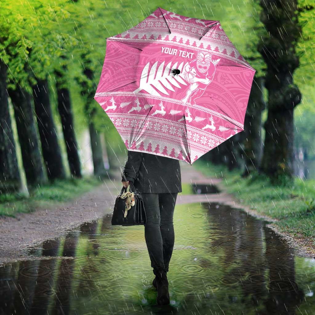New Zealand Christmas Rugby Personalised Umbrella Meri Kirihimete All Black Maori Pink Version - Polynesian Pride