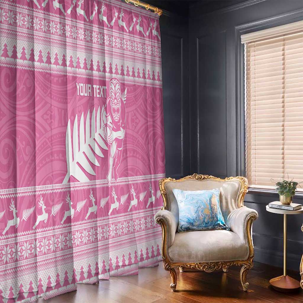 New Zealand Christmas Rugby Personalised Window Curtain Meri Kirihimete All Black Maori Pink Version LT14 - Polynesian Pride