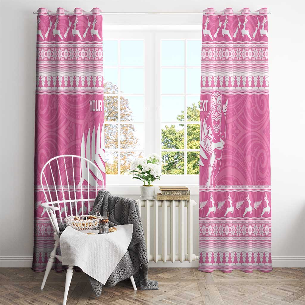 New Zealand Christmas Rugby Personalised Window Curtain Meri Kirihimete All Black Maori Pink Version LT14 - Polynesian Pride