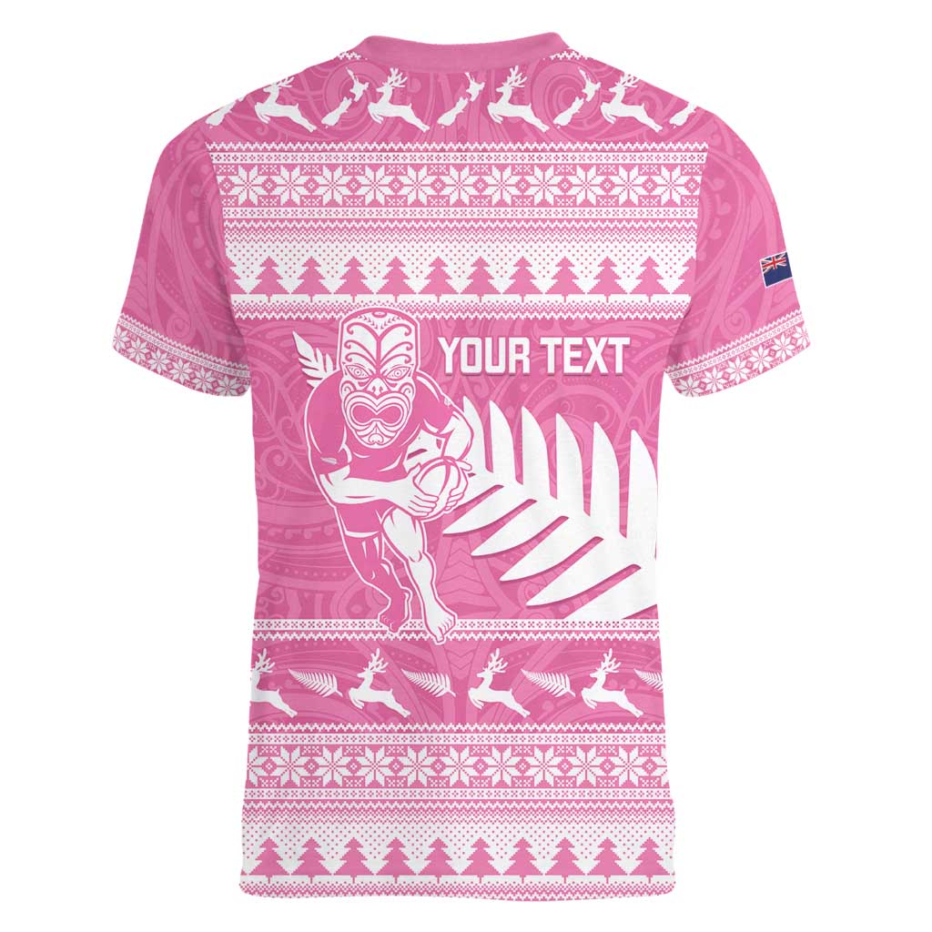 New Zealand Christmas Rugby Personalised Women V-Neck T-Shirt Meri Kirihimete All Black Maori Pink Version - Polynesian Pride