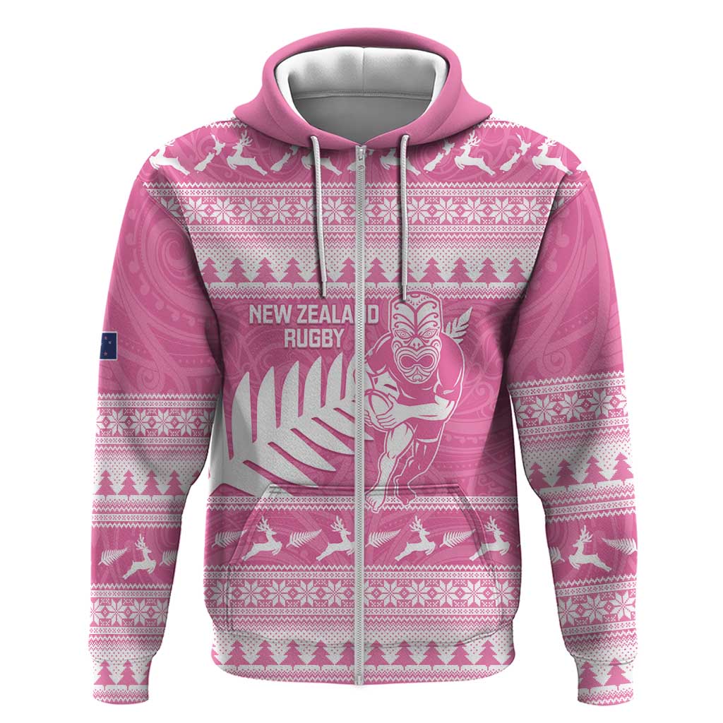 New Zealand Christmas Rugby Personalised Zip Hoodie Meri Kirihimete All Black Maori Pink Version - Polynesian Pride