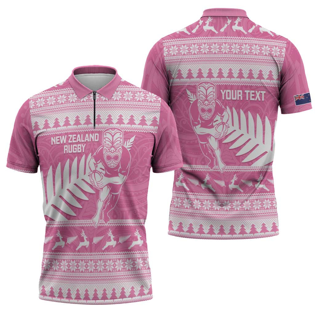 New Zealand Christmas Rugby Personalised Zipper Polo Shirt Meri Kirihimete All Black Maori Pink Version - Polynesian Pride