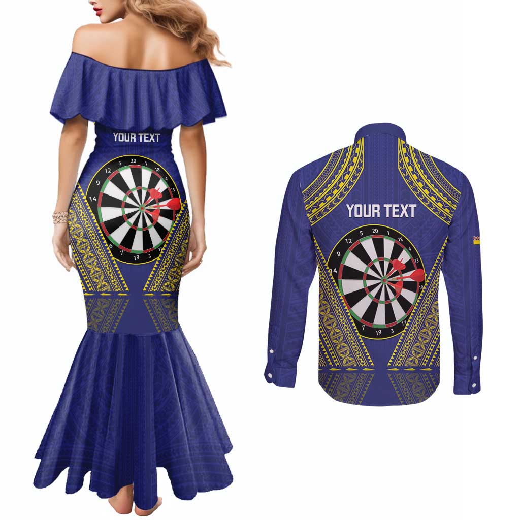 Personalised Niue Darts Couples Matching Mermaid Dress and Long Sleeve Button Shirt Dart Board Hiapo Pattern - Polynesian Pride