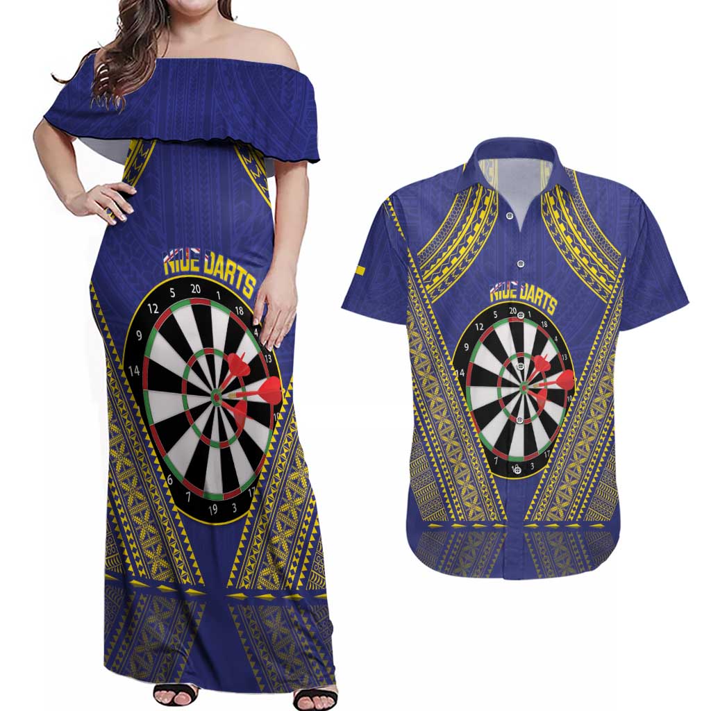 Personalised Niue Darts Couples Matching Off Shoulder Maxi Dress and Hawaiian Shirt Dart Board Hiapo Pattern - Polynesian Pride