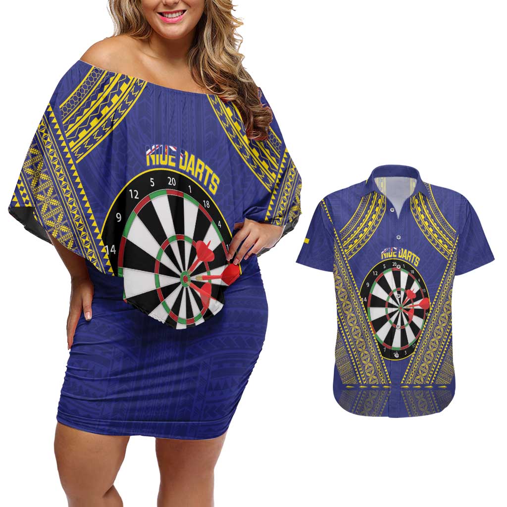 Personalised Niue Darts Couples Matching Off Shoulder Short Dress and Hawaiian Shirt Dart Board Hiapo Pattern - Polynesian Pride