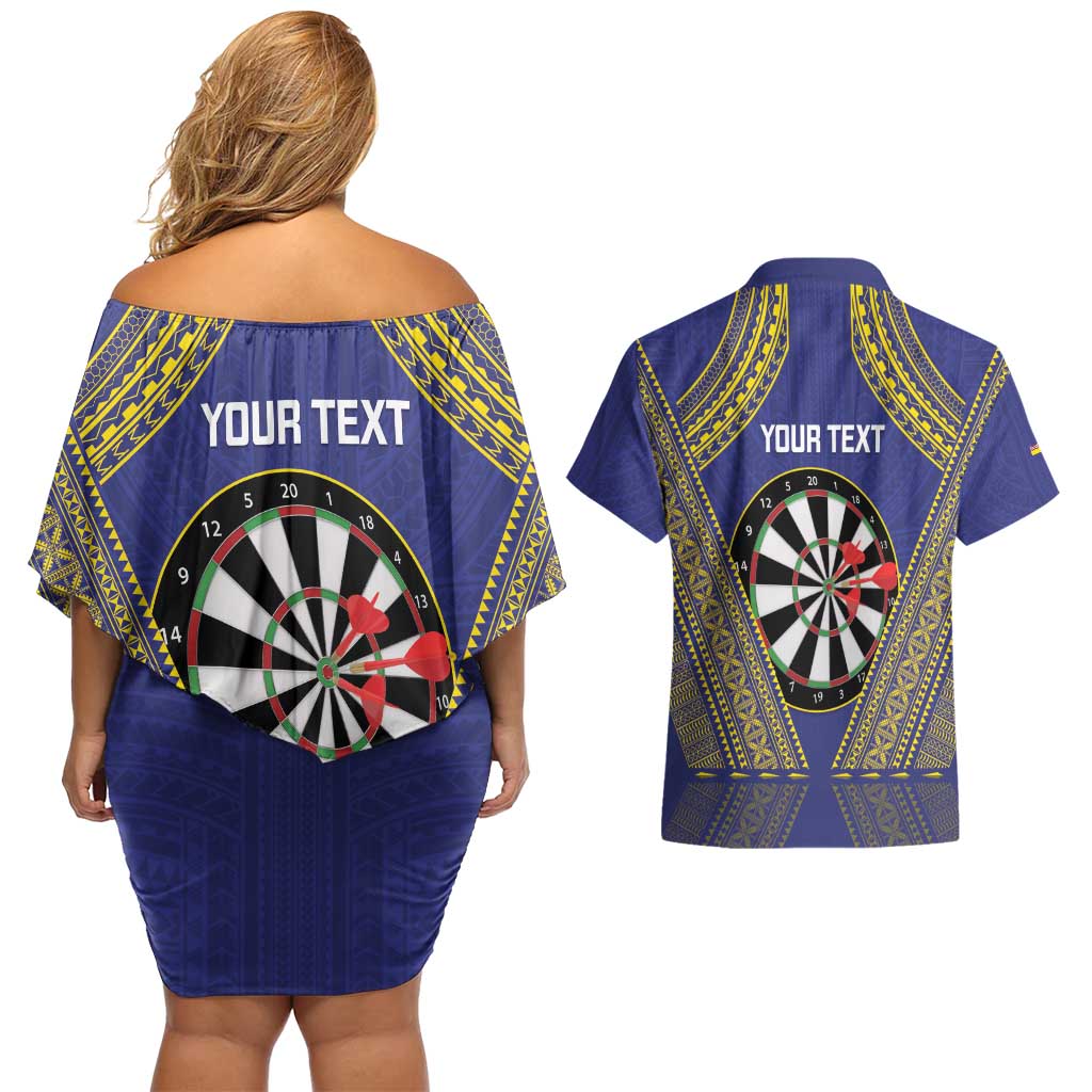 Personalised Niue Darts Couples Matching Off Shoulder Short Dress and Hawaiian Shirt Dart Board Hiapo Pattern - Polynesian Pride