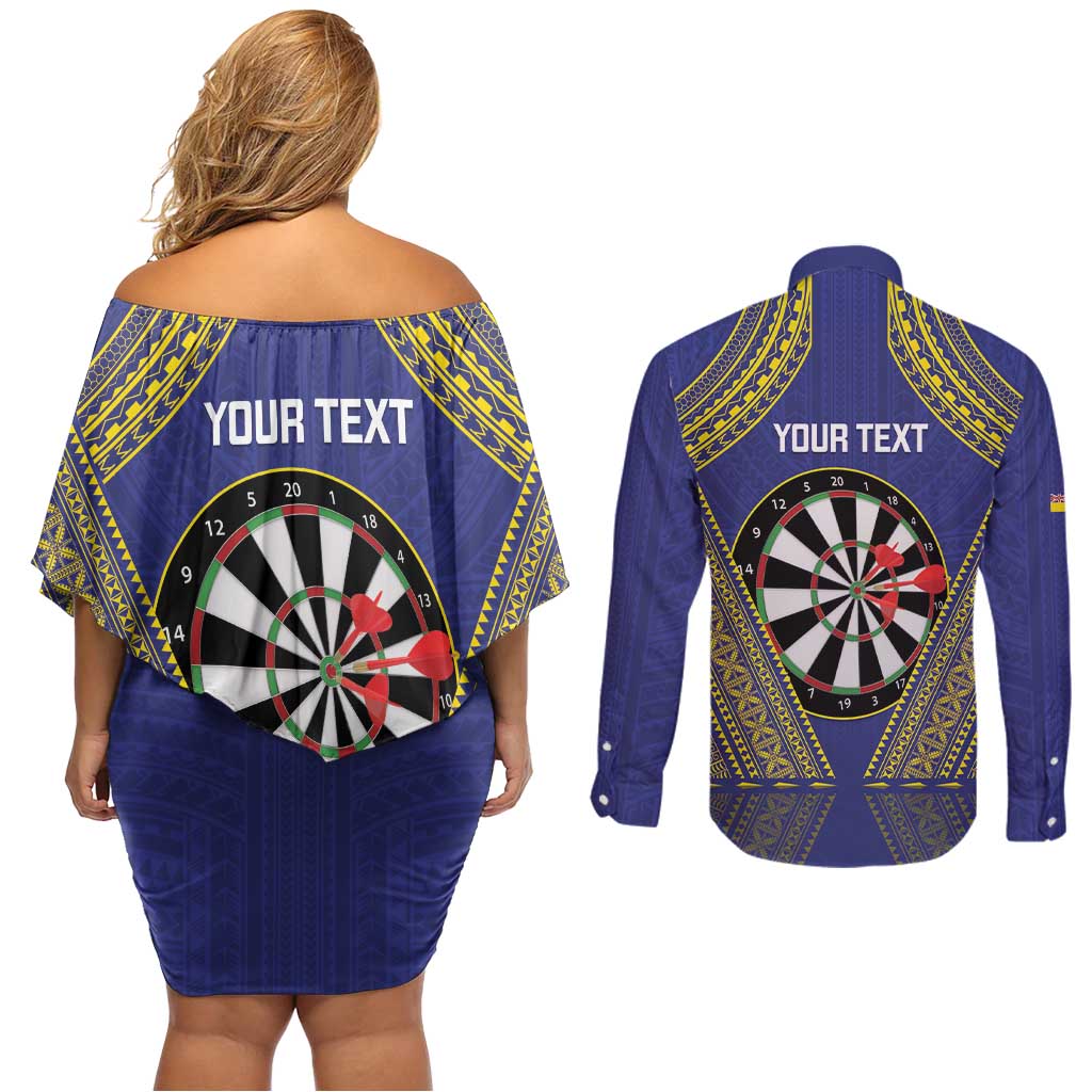 Personalised Niue Darts Couples Matching Off Shoulder Short Dress and Long Sleeve Button Shirt Dart Board Hiapo Pattern - Polynesian Pride