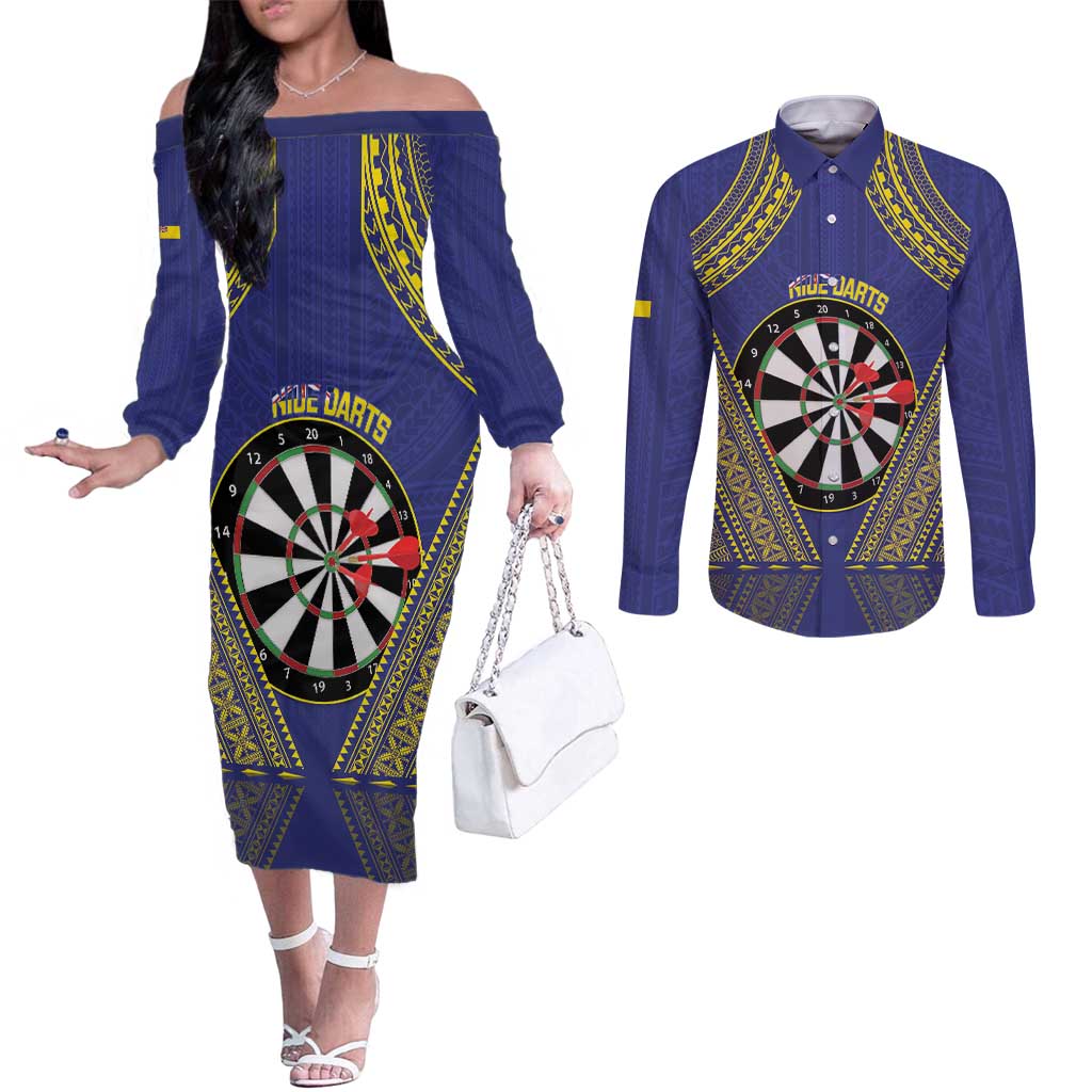 Personalised Niue Darts Couples Matching Off The Shoulder Long Sleeve Dress and Long Sleeve Button Shirt Dart Board Hiapo Pattern - Polynesian Pride