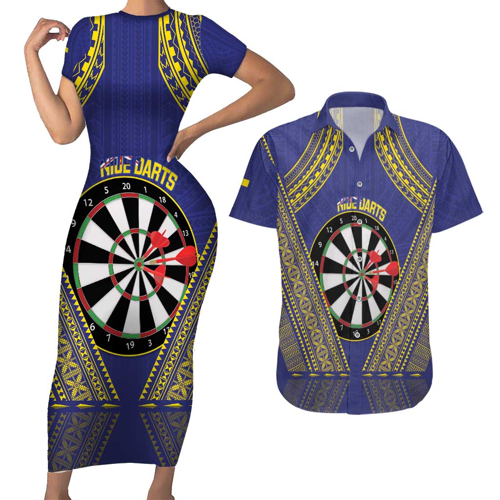 Personalised Niue Darts Couples Matching Short Sleeve Bodycon Dress and Hawaiian Shirt Dart Board Hiapo Pattern - Polynesian Pride