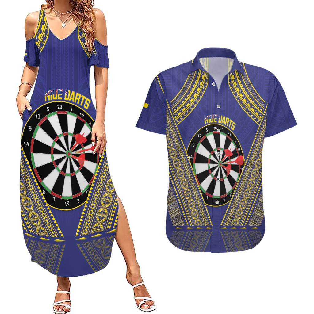Personalised Niue Darts Couples Matching Summer Maxi Dress and Hawaiian Shirt Dart Board Hiapo Pattern - Polynesian Pride