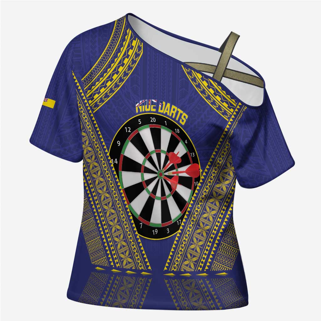 Personalised Niue Darts Cross Shoulder Shirt Dart Board Hiapo Pattern - Polynesian Pride
