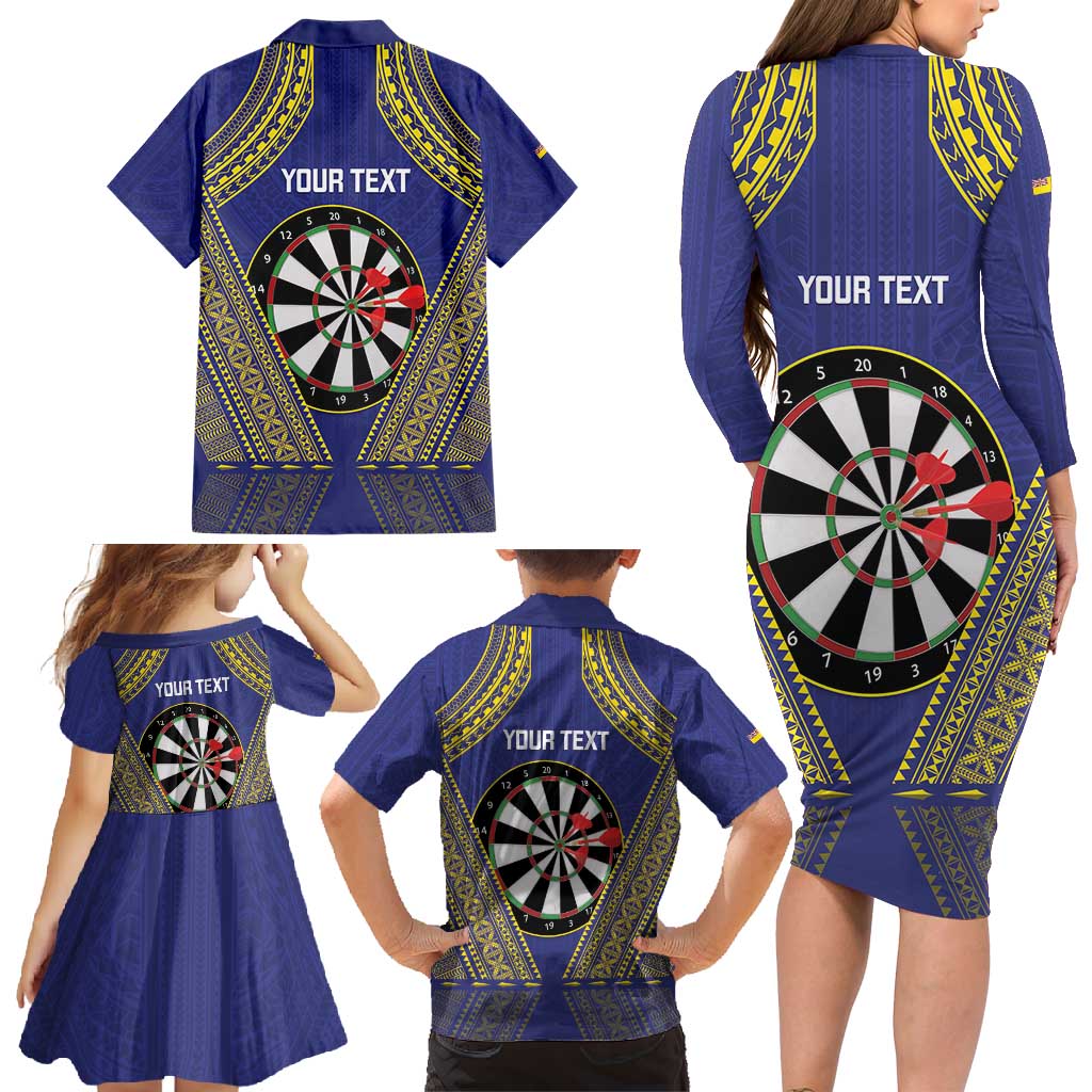 Personalised Niue Darts Family Matching Long Sleeve Bodycon Dress and Hawaiian Shirt Dart Board Hiapo Pattern - Polynesian Pride