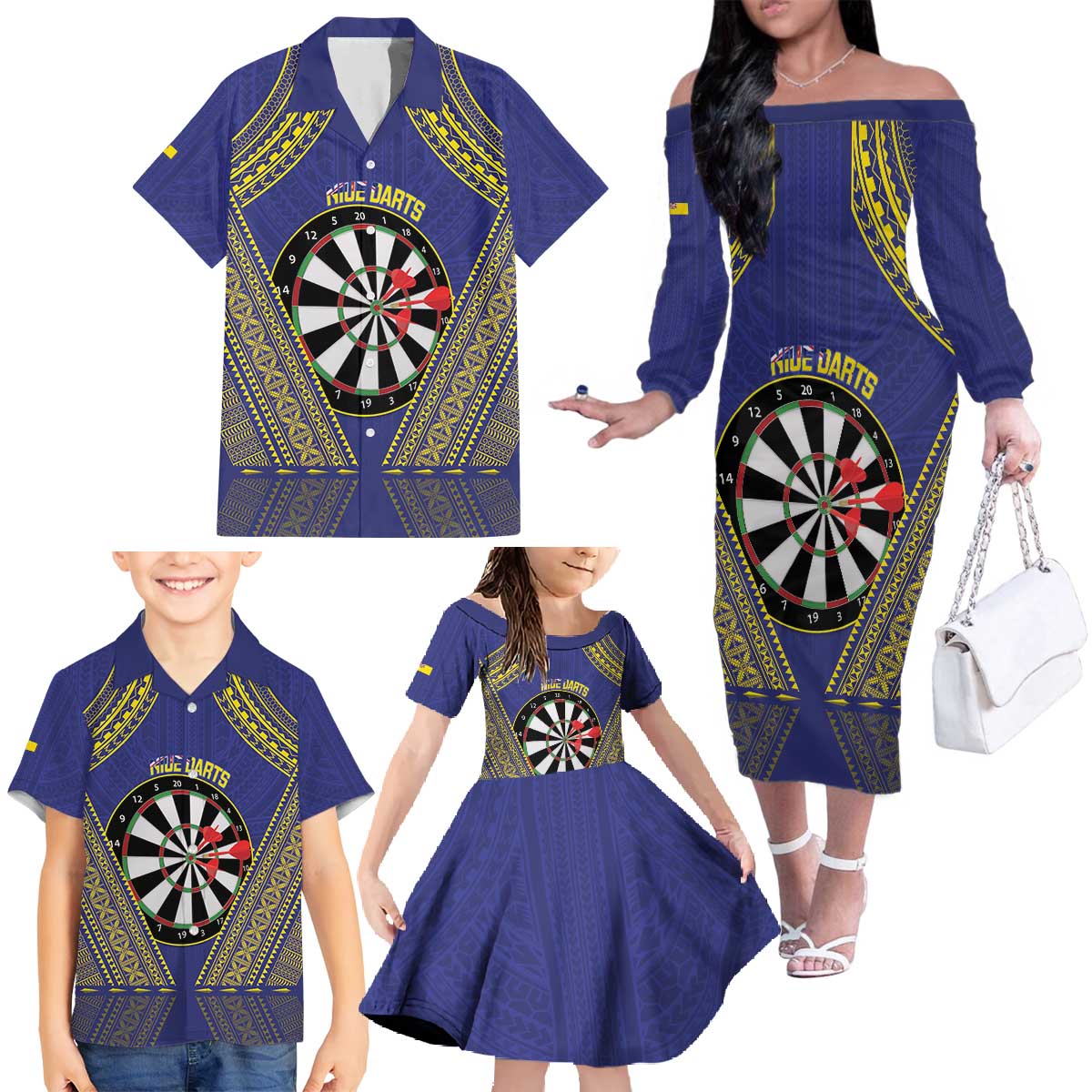 Personalised Niue Darts Family Matching Off The Shoulder Long Sleeve Dress and Hawaiian Shirt Dart Board Hiapo Pattern - Polynesian Pride