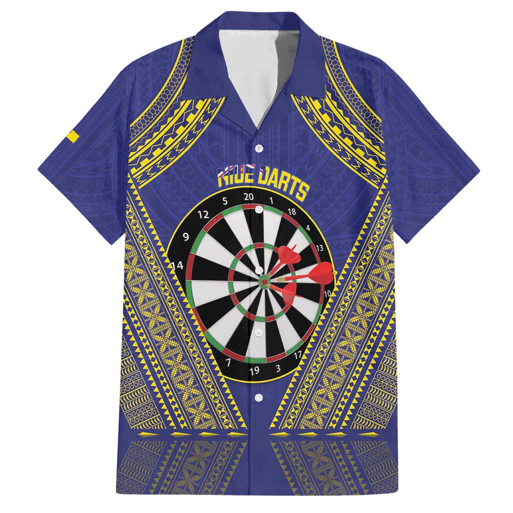 Personalised Niue Darts Family Matching Tank Maxi Dress and Hawaiian Shirt Dart Board Hiapo Pattern LT14 Dad's Shirt - Short Sleeve Blue - Polynesian Pride