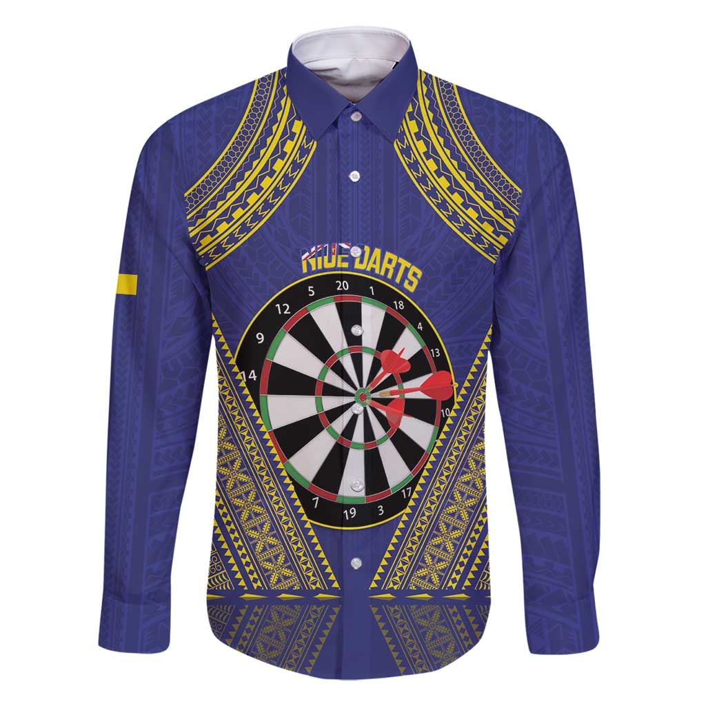 Personalised Niue Darts Family Matching Tank Maxi Dress and Hawaiian Shirt Dart Board Hiapo Pattern LT14 Dad's Shirt - Long Sleeve Blue - Polynesian Pride
