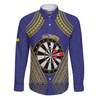 Personalised Niue Darts Family Matching Tank Maxi Dress and Hawaiian Shirt Dart Board Hiapo Pattern LT14 Dad's Shirt - Long Sleeve Blue - Polynesian Pride