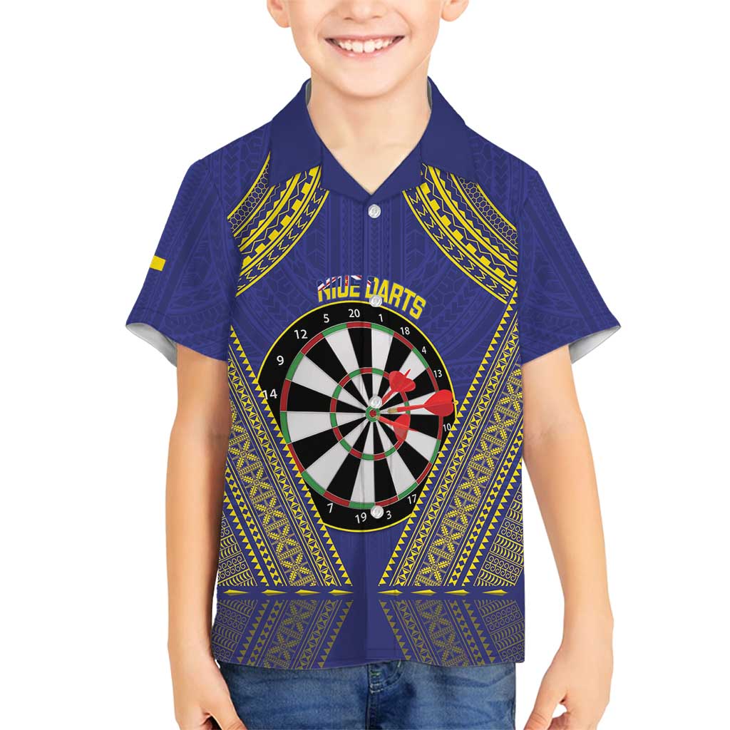 Personalised Niue Darts Family Matching Tank Maxi Dress and Hawaiian Shirt Dart Board Hiapo Pattern LT14 Son's Shirt Blue - Polynesian Pride