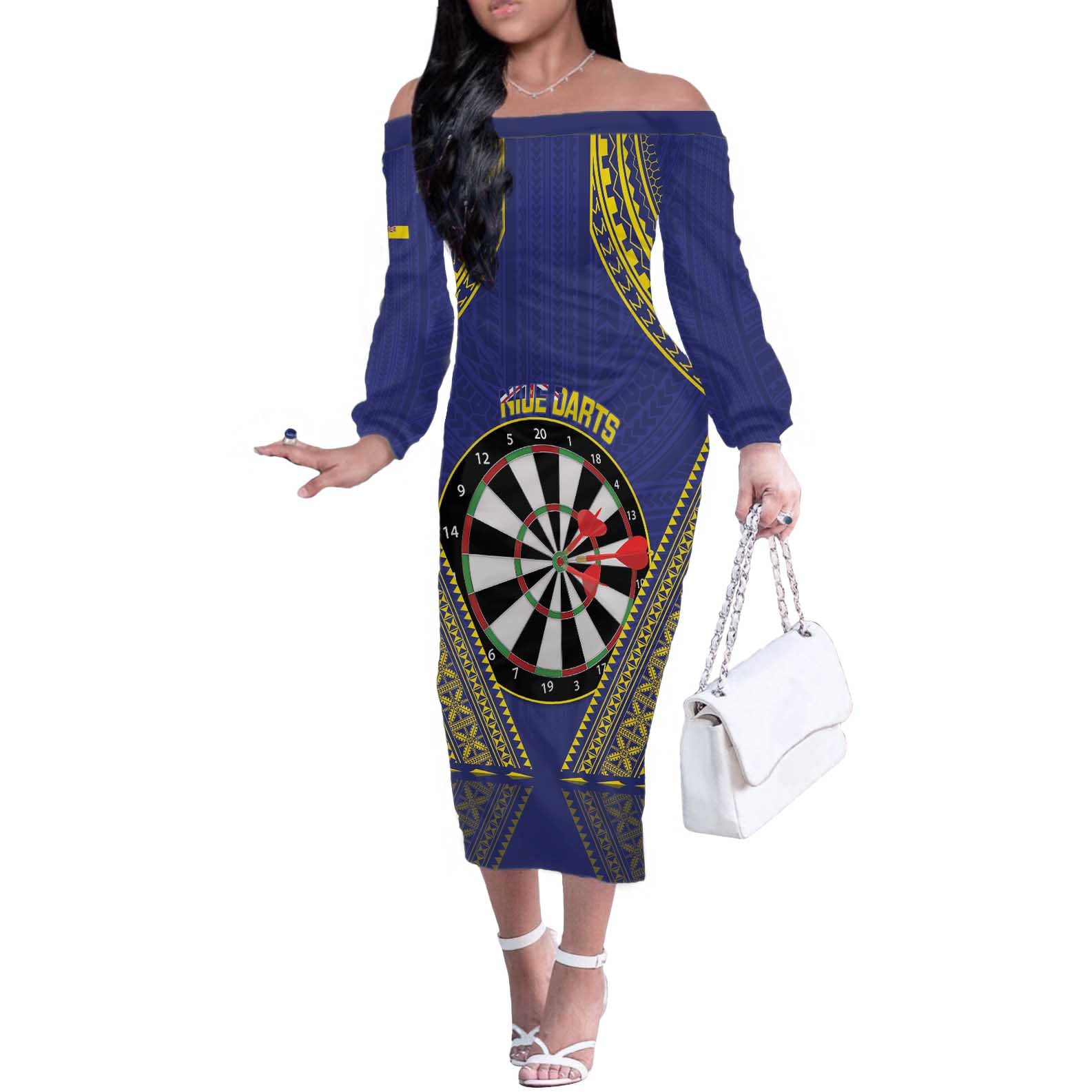 Personalised Niue Darts Off The Shoulder Long Sleeve Dress Dart Board Hiapo Pattern - Polynesian Pride