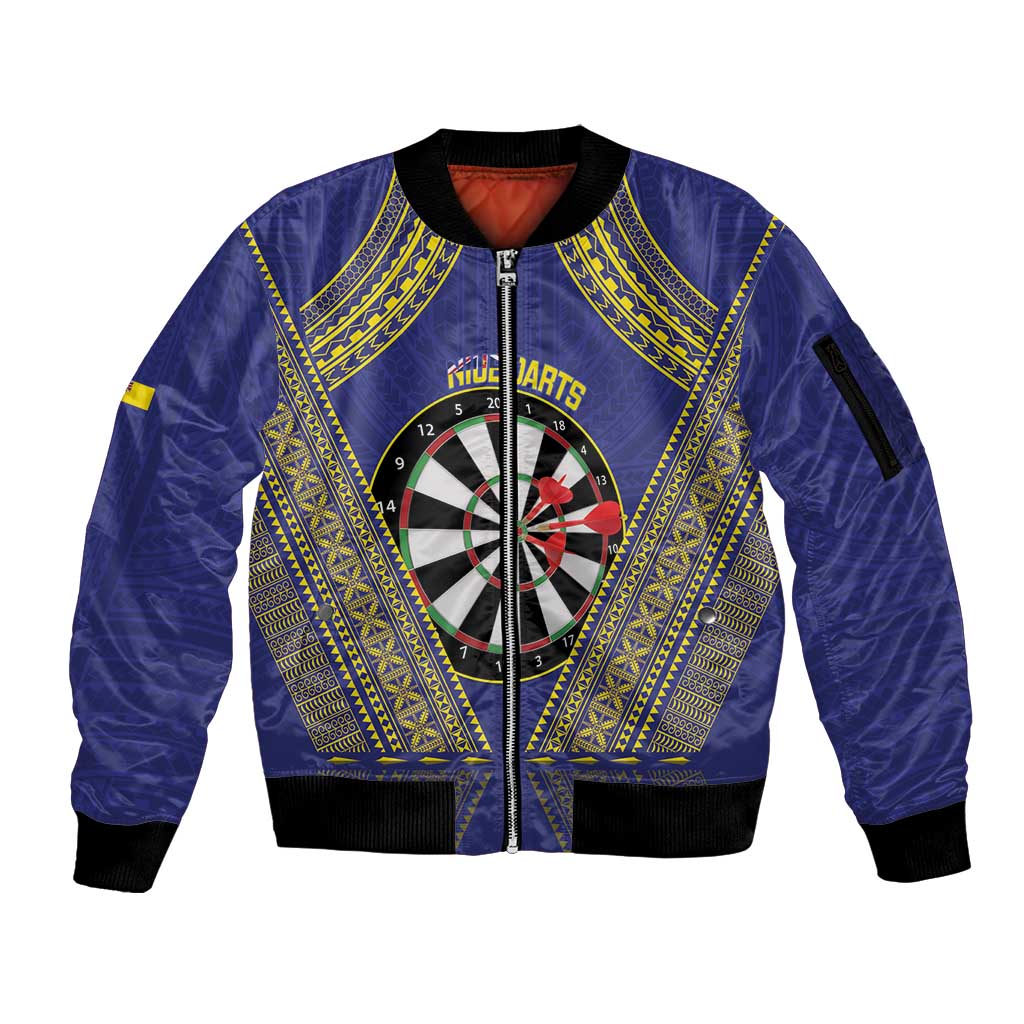 Personalised Niue Darts Sleeve Zip Bomber Jacket Dart Board Hiapo Pattern LT14 Unisex Blue - Polynesian Pride