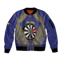 Personalised Niue Darts Sleeve Zip Bomber Jacket Dart Board Hiapo Pattern LT14 Unisex Blue - Polynesian Pride