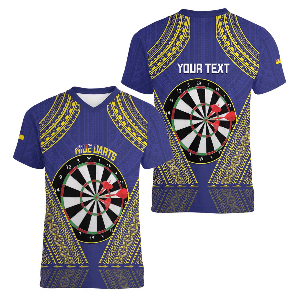 Personalised Niue Darts Women V-Neck T-Shirt Dart Board Hiapo Pattern - Polynesian Pride