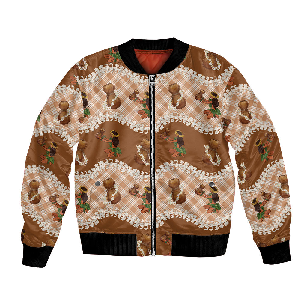 Ipu Heke Hawaii Makahiki Bomber Jacket Hawaiian Puakenikeni Lei Hula Girl Palaka Motifs LT14 Unisex Brown - Polynesian Pride