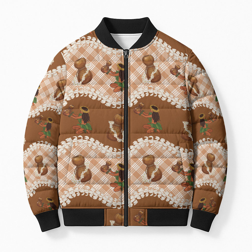 Ipu Heke Hawaii Makahiki Bomber Puffer Jacket Hawaiian Puakenikeni Lei Hula Girl Palaka Motifs LT14 Unisex Brown - Polynesian Pride