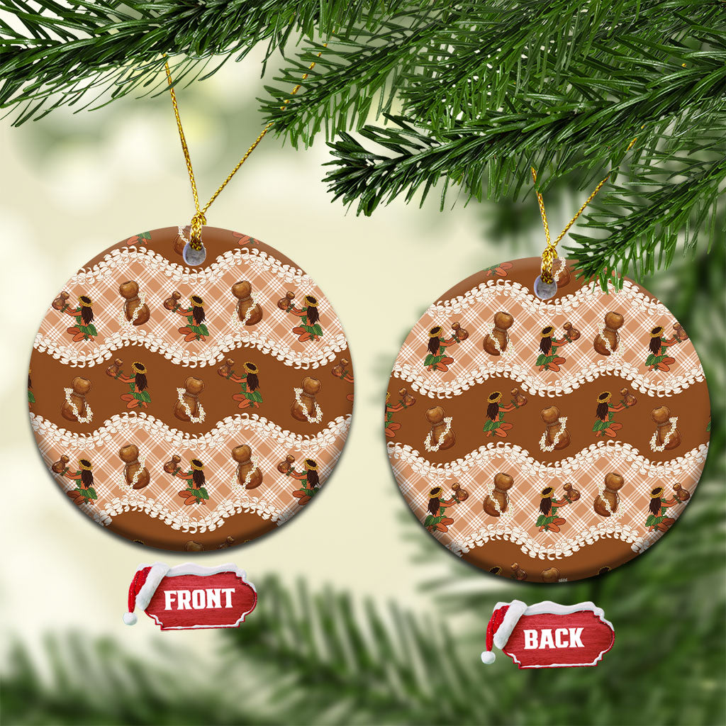 Ipu Heke Hawaii Makahiki Ceramic Ornament Hawaiian Puakenikeni Lei Hula Girl Palaka Motifs LT14 Circle Brown - Polynesian Pride