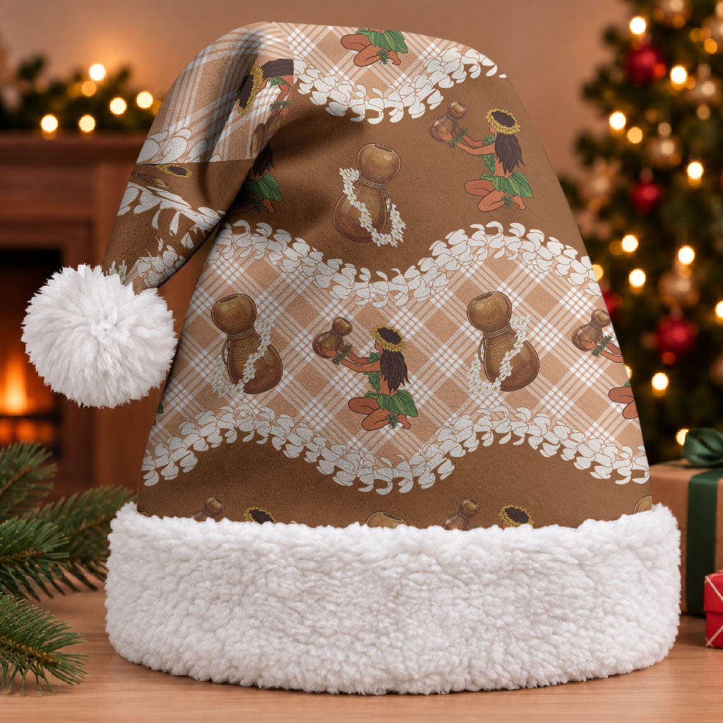 Ipu Heke Hawaii Makahiki Christmas Santa Hat Hawaiian Puakenikeni Lei Hula Girl Palaka Motifs LT14 With Fur Brown - Polynesian Pride