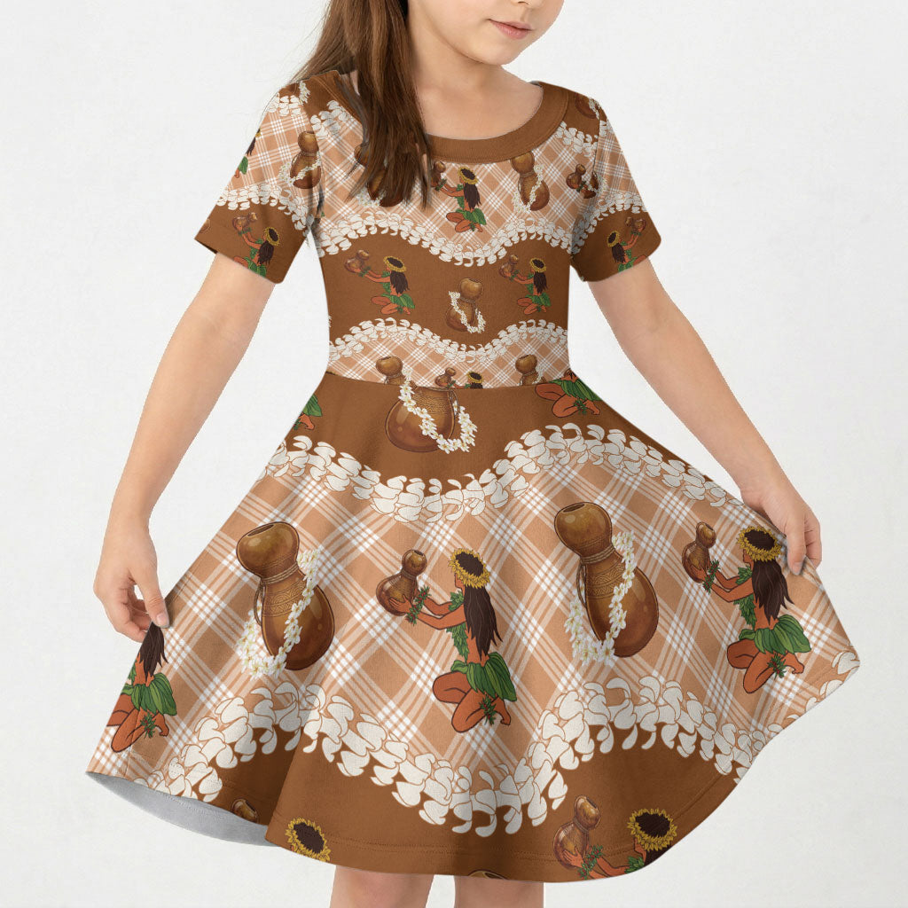 Ipu Heke Hawaii Makahiki Kid Short Sleeve Dress Hawaiian Puakenikeni Lei Hula Girl Palaka Motifs