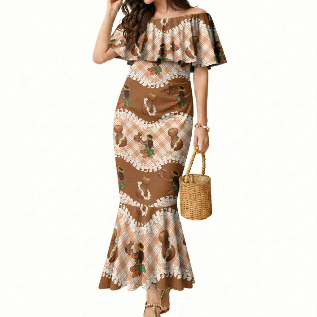 Ipu Heke Hawaii Makahiki Mermaid Dress Hawaiian Puakenikeni Lei Hula Girl Palaka Motifs