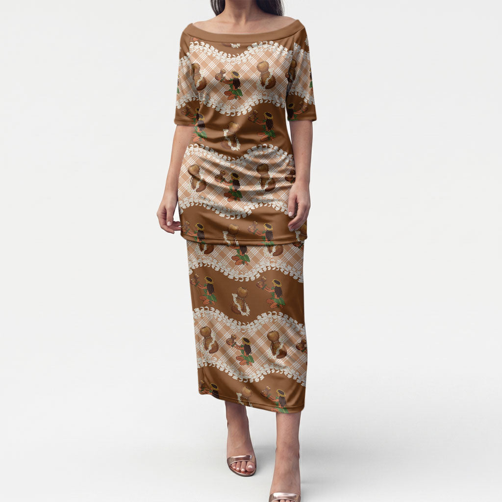 Ipu Heke Hawaii Makahiki Puletasi Hawaiian Puakenikeni Lei Hula Girl Palaka Motifs LT14 Long Dress Brown - Polynesian Pride