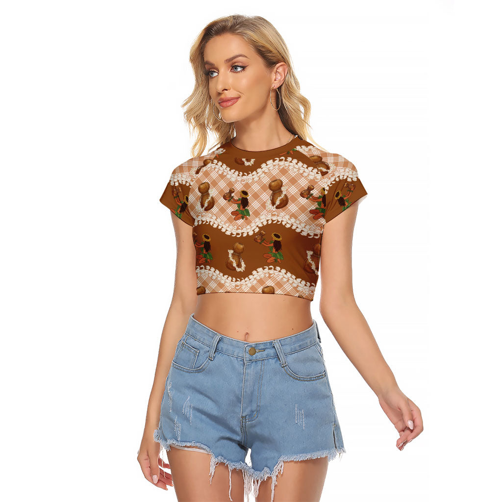 Ipu Heke Hawaii Makahiki Raglan Cropped T Shirt Hawaiian Puakenikeni Lei Hula Girl Palaka Motifs LT14 Female Brown - Polynesian Pride
