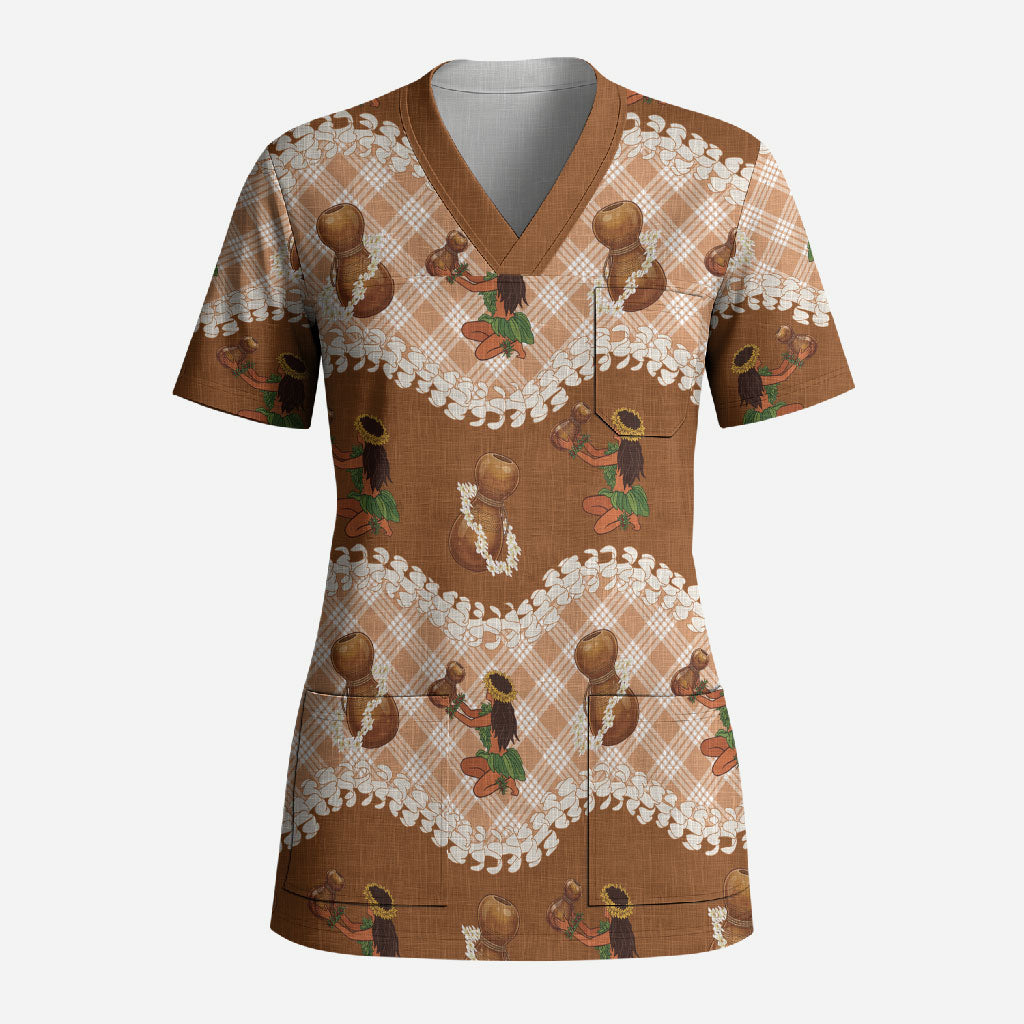 Ipu Heke Hawaii Makahiki Scrub Top Hawaiian Puakenikeni Lei Hula Girl Palaka Motifs LT14 Adult Brown - Polynesian Pride