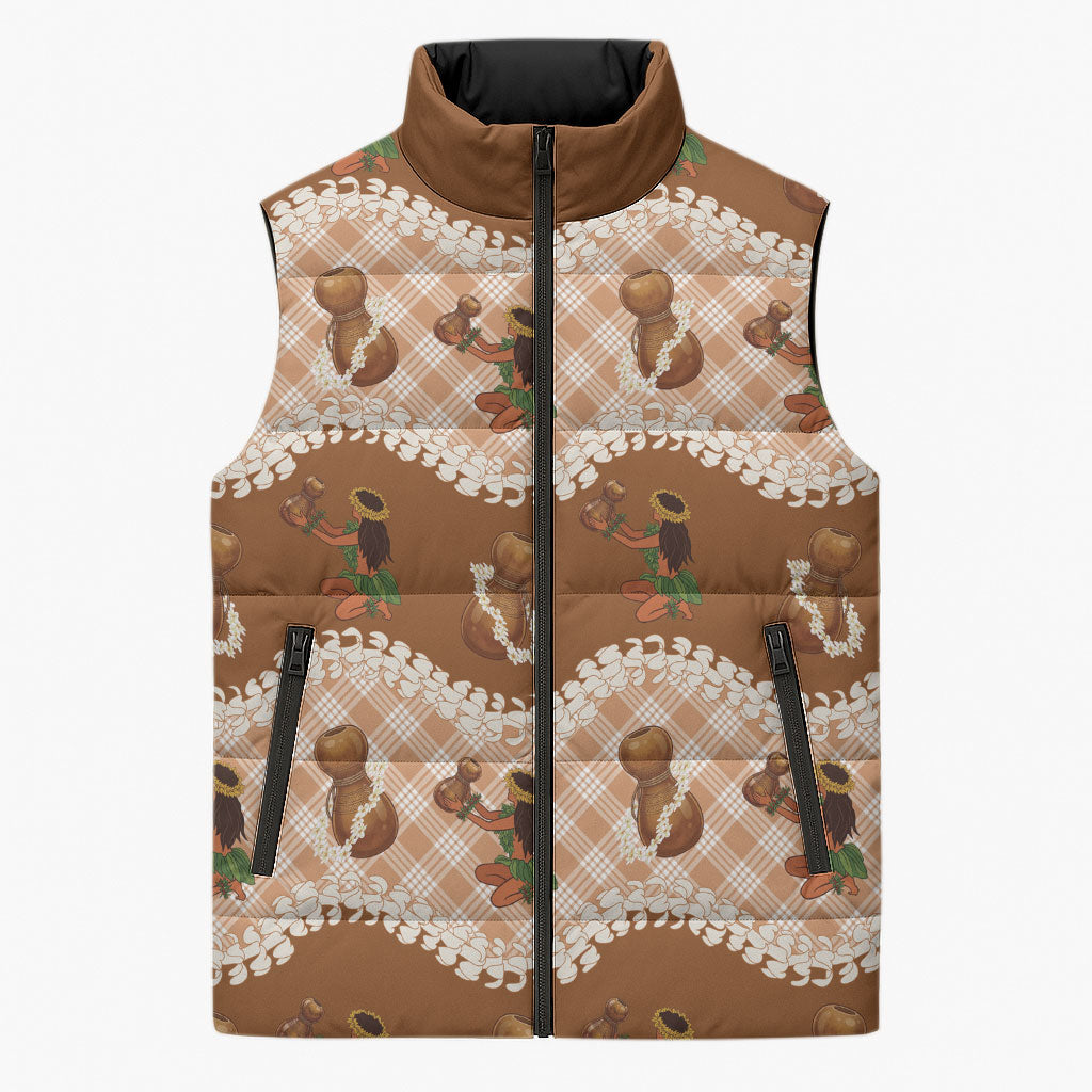 Ipu Heke Hawaii Makahiki Sleeveless Puffer Jacket Hawaiian Puakenikeni Lei Hula Girl Palaka Motifs LT14 Unisex Brown - Polynesian Pride