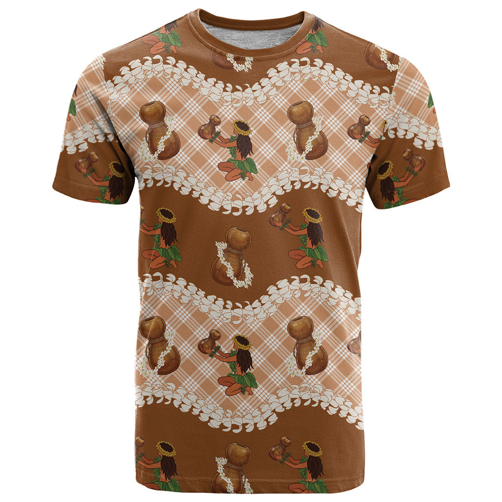 Ipu Heke Hawaii Makahiki T Shirt Hawaiian Puakenikeni Lei Hula Girl Palaka Motifs LT14 Brown - Polynesian Pride