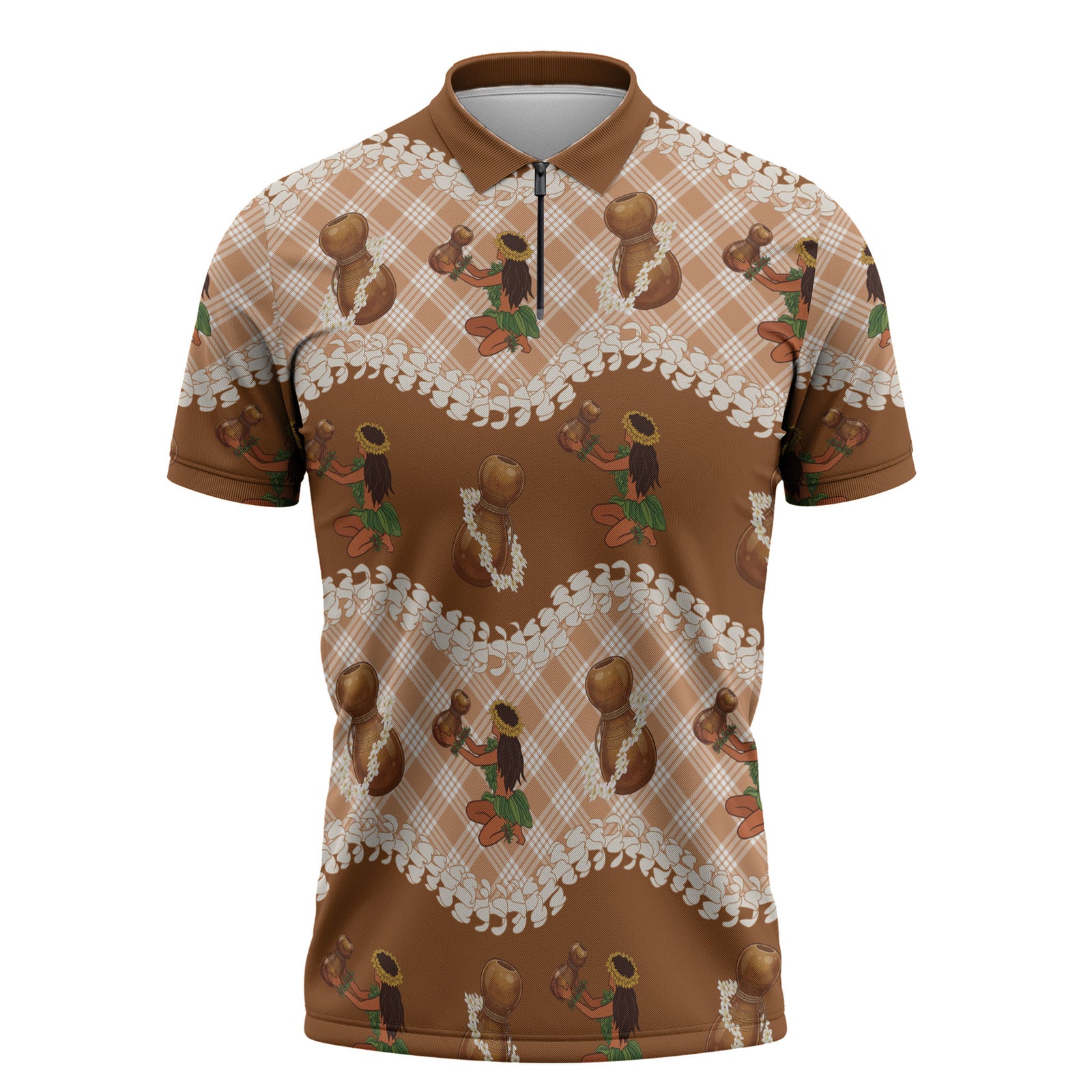 Ipu Heke Hawaii Makahiki Zipper Polo Shirt Hawaiian Puakenikeni Lei Hula Girl Palaka Motifs LT14 Brown - Polynesian Pride
