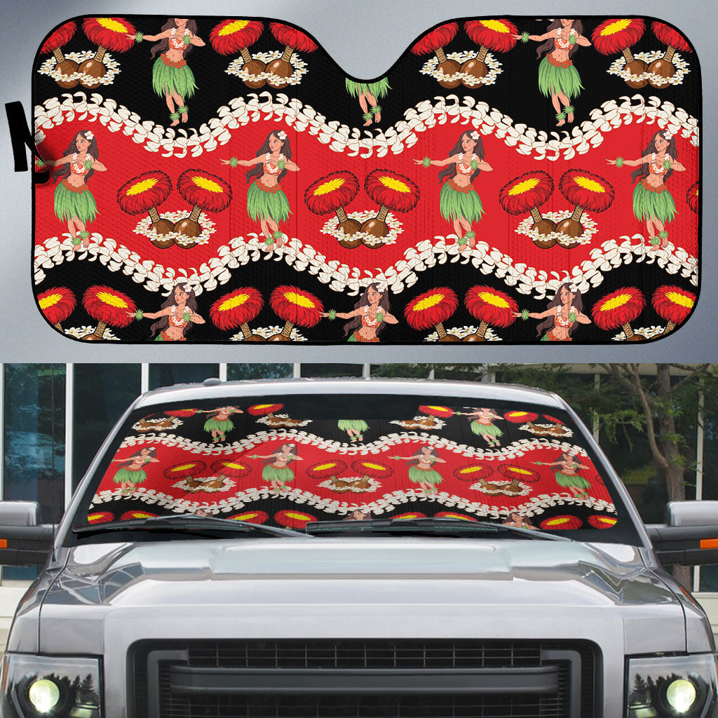 Uliuli Hawaii Makahiki Auto Sun Shade Hawaiian Puakenikeni Lei Hula Girl Red Version LT14 Red - Polynesian Pride