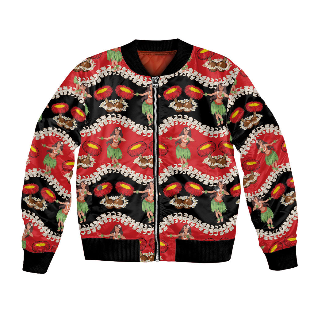 Uliuli Hawaii Makahiki Bomber Jacket Hawaiian Puakenikeni Lei Hula Girl Red Version LT14 Unisex Red - Polynesian Pride