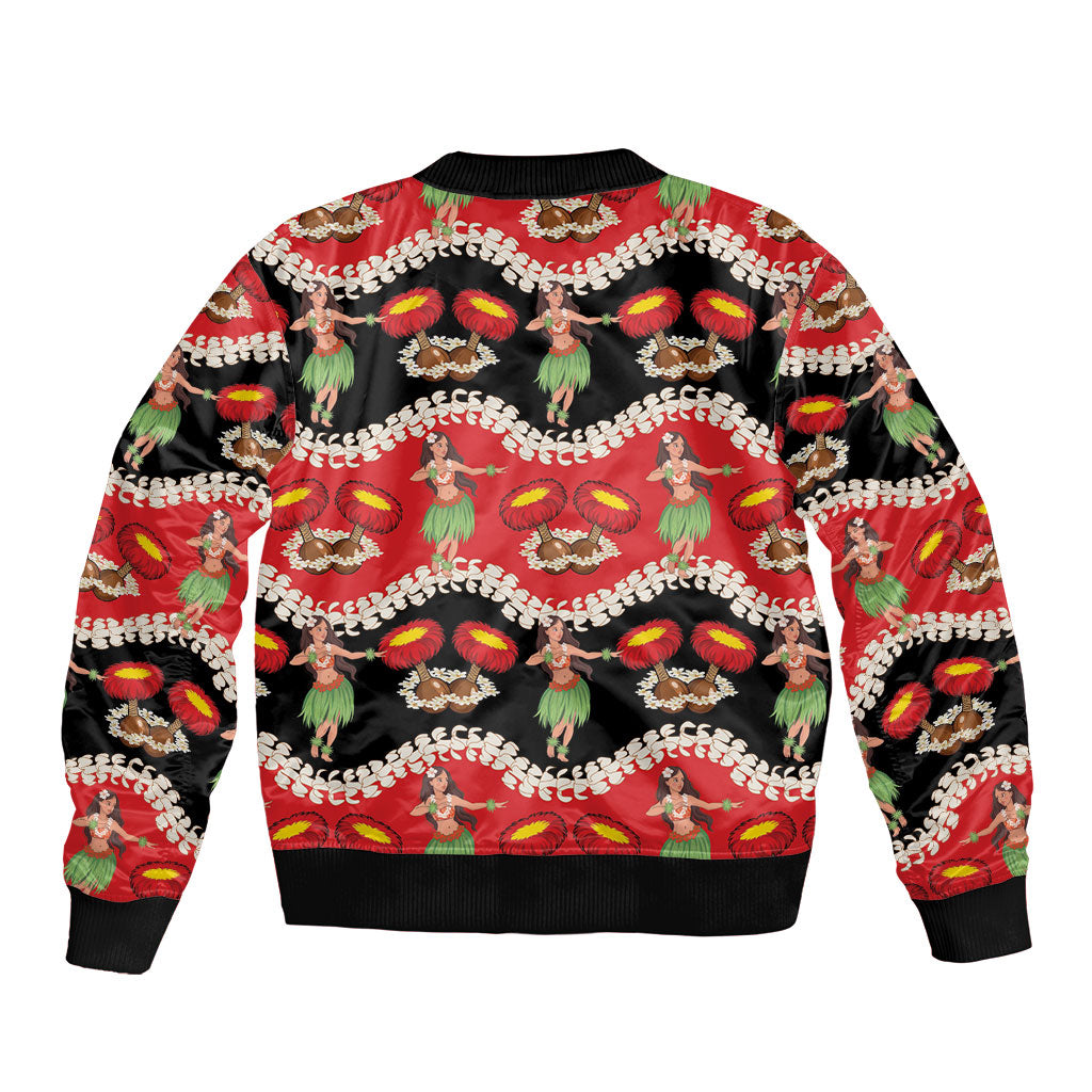 Uliuli Hawaii Makahiki Bomber Jacket Hawaiian Puakenikeni Lei Hula Girl Red Version LT14 - Polynesian Pride